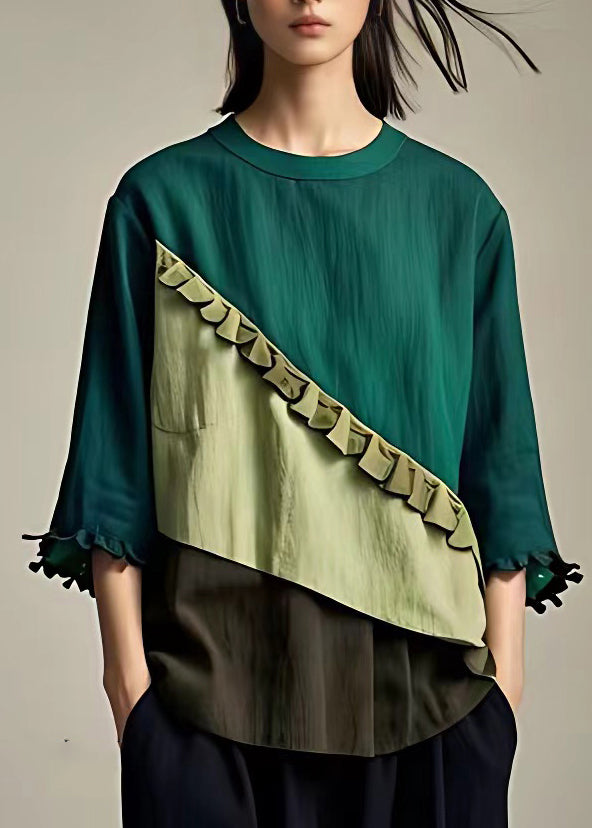 Green O-neck Ruffled Patchwork Top Bracelet Sleeve