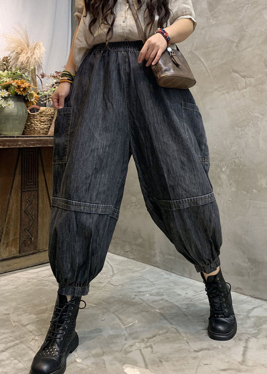 Handmade Black High Waist Patchwork Denim Pants Spring