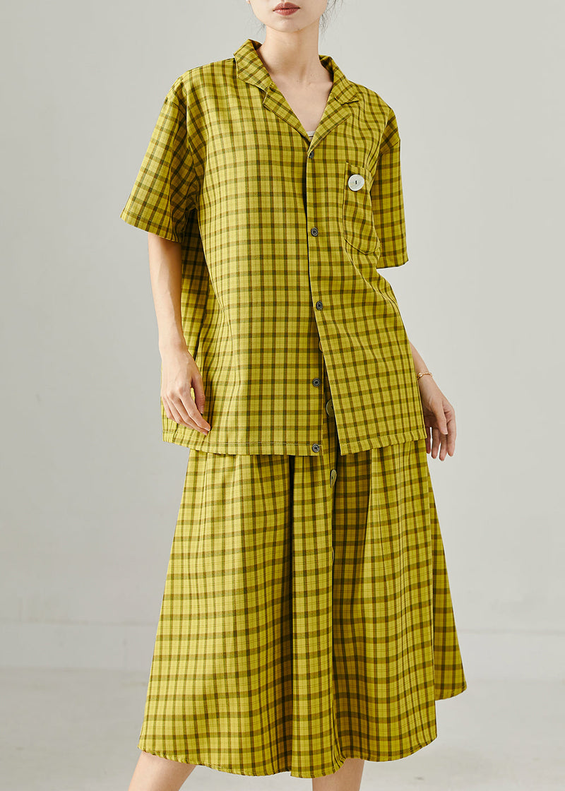 Green Oversized Plaid Cotton Two Pieces Set Summer