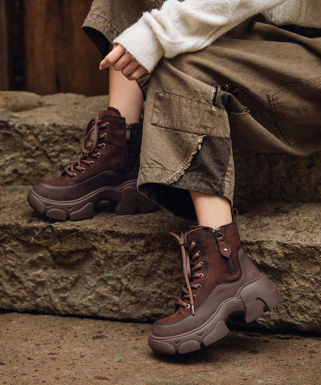 Lace Up Splicing Platform Boots Red Cowhide Leather