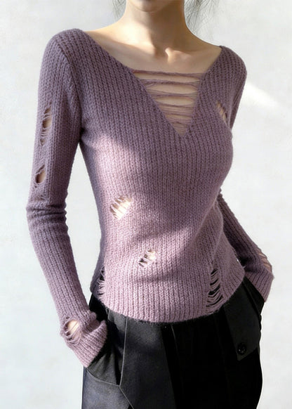 Lavender V Neck Ripped Knitted Tops Spring