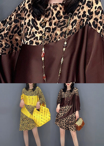 Chocolate O-neck Leopard Print Maxi Dresses Spring