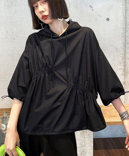 Unique Black Hooded Cinched Half Sleeve Top