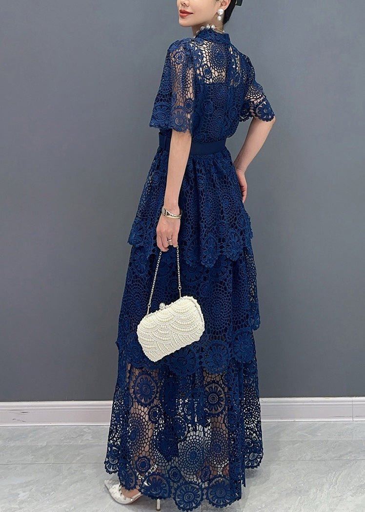 Navy V Neck Sashes Hollow Out Lace Long Dresses Summer