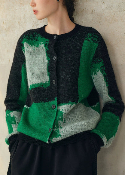 Green Geometric Button Patchwork Woolen Knit Coat Fall