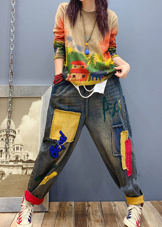 Handmade Blue Patch Applique Denim Pants Spring