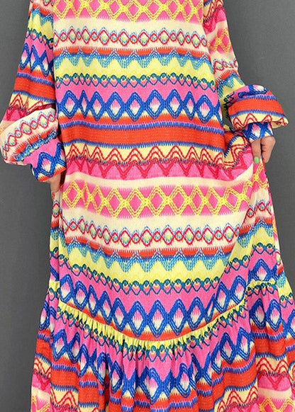V Neck Print Silk Maxi Dress Long Sleeve