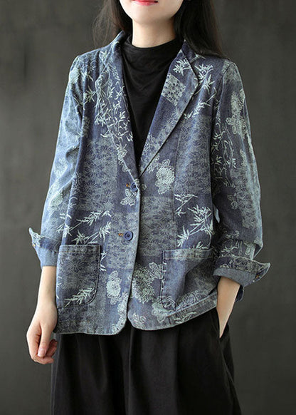 Blue Print Western-style Clothes Coat Pocket Long Sleeve
