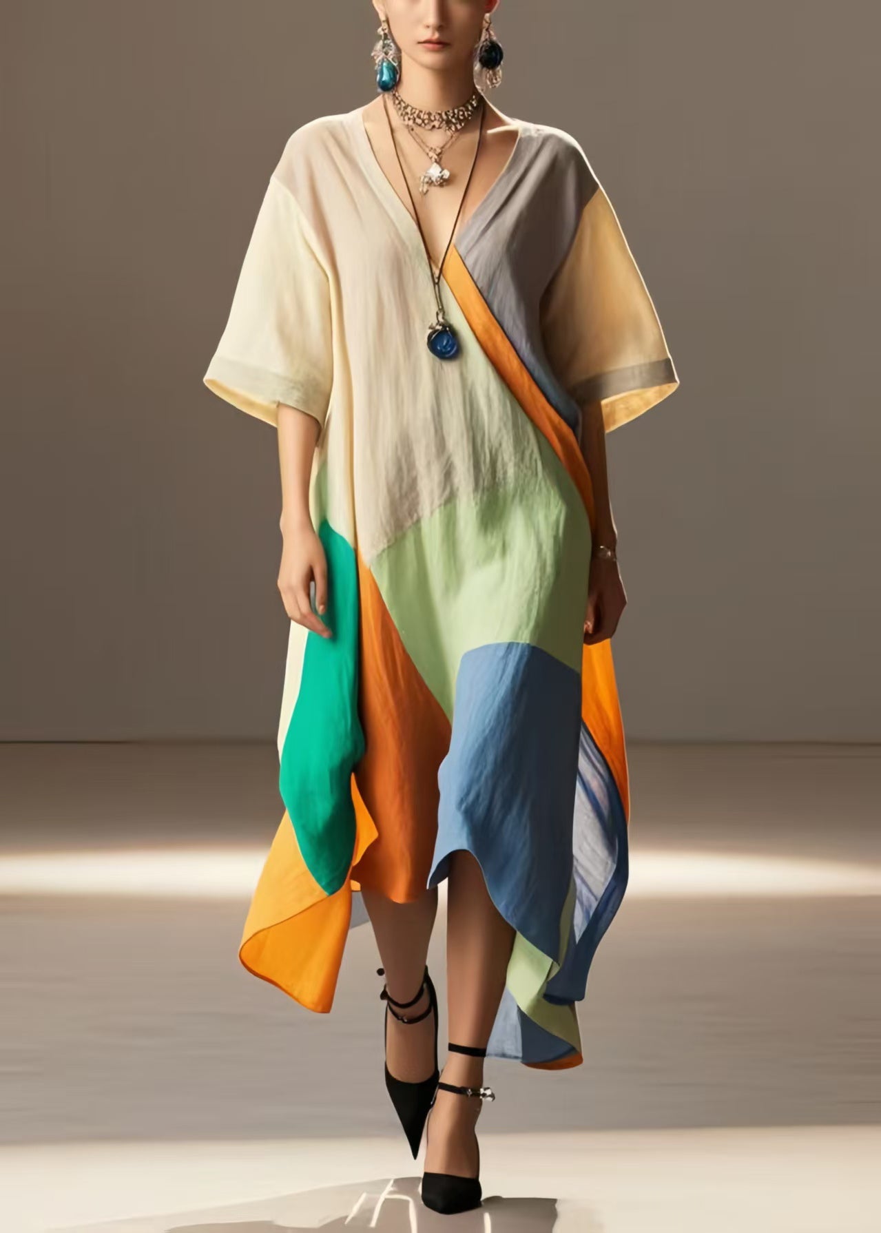 Art Colorblock Oversized Asymmetrical Design Cotton Long Dress Summer
