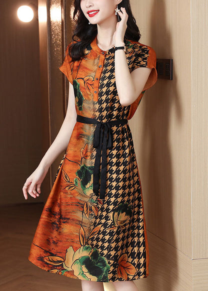 Yellow O-neck Print Tie Waist Chiffon Shirt Dress Short Sleeve