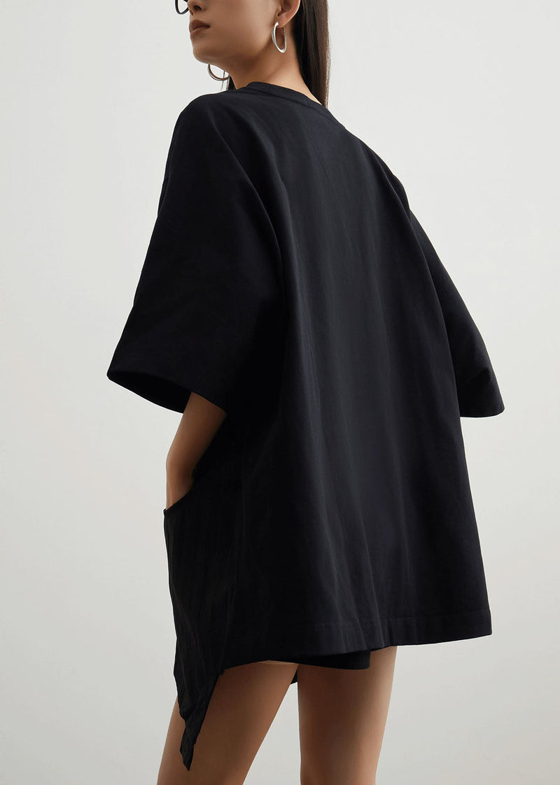 Black O Neck Pockets Patchwork Cotton T Shirt Summer