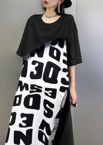Black Print Asymmetrical Design Graphic Short Sleeve Maxi Dresses