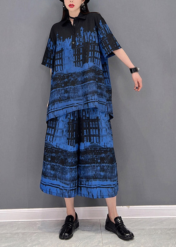 Art Blue Peter Pan Collar Top and Wide Leg Pants Two Piece Set Summer