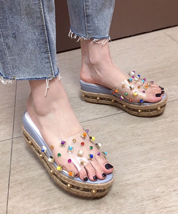 Blue Zircon High Wedge Heels Peep Toe Slide Sandals