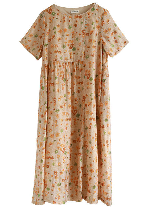 O-neck Cinched Button Print Long Dresses Short Sleeve