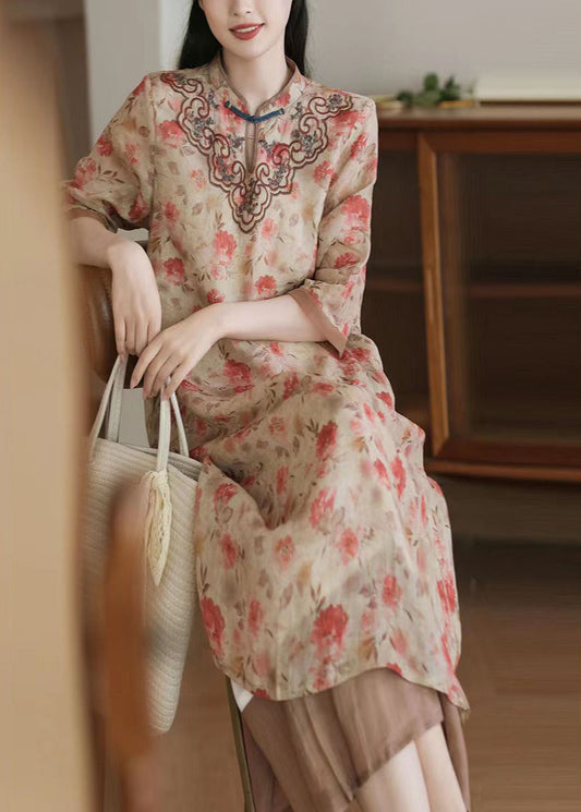 Apricot Embroideried Print Patchwork Linen Dresses Half Sleeve