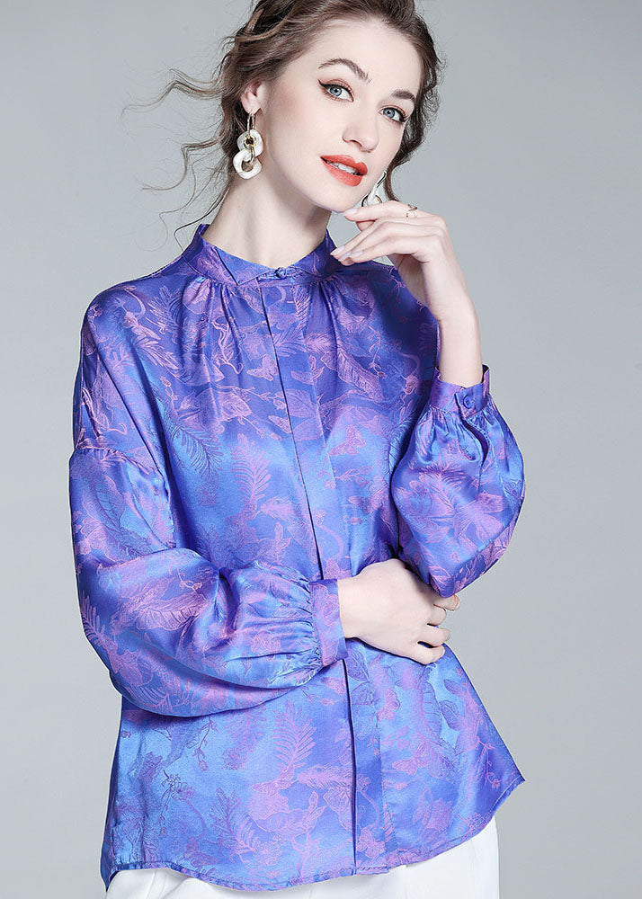 Blue Wrinkled Patchwork Jacquard Silk Shirts Spring