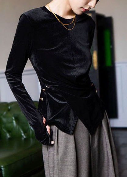 Fine Black O-neck Asymmetrical Silk Velour Top Long Sleeve