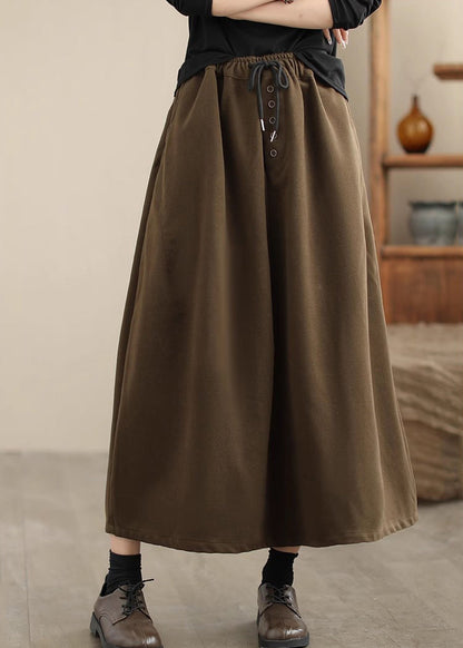 Chocolate Woolen a Line Skirts Elastic Waist Drawstring Spring