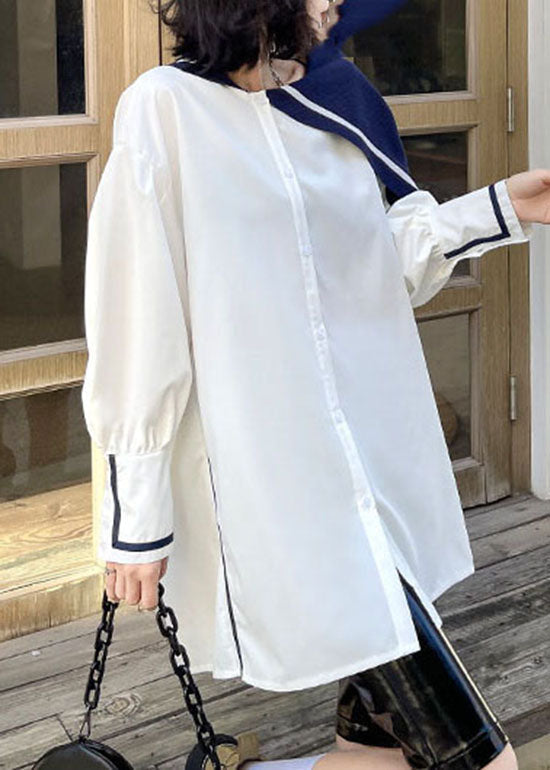 Simple White Button Side Open Sailor Collar Asymmetrical Shirt Spring