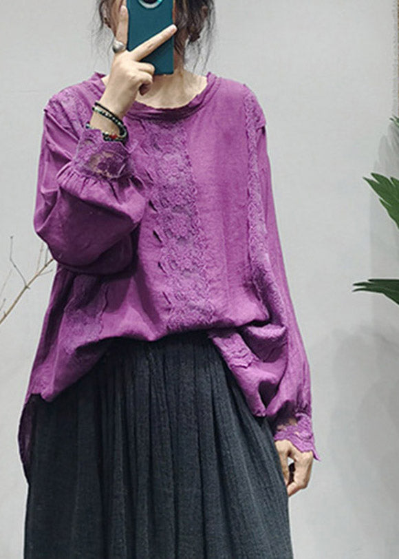 Handmade Purple O-neck Back Buckle Lace Patchwork Linen Top Long Sleeve