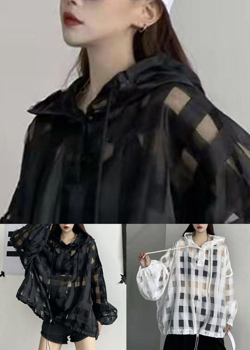 Black Plaid Button Lace Up Thin Top Long Sleeve