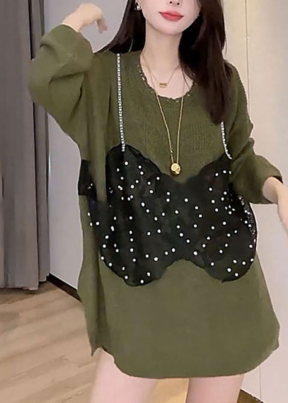French Black O-neck Lace Patchwork Fake Two Pieces Knit Tops Fall