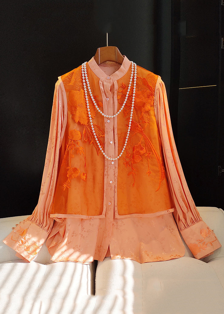 Orange Embroideried Patchwork False Two Pieces Silk Cotton Blouse Fall