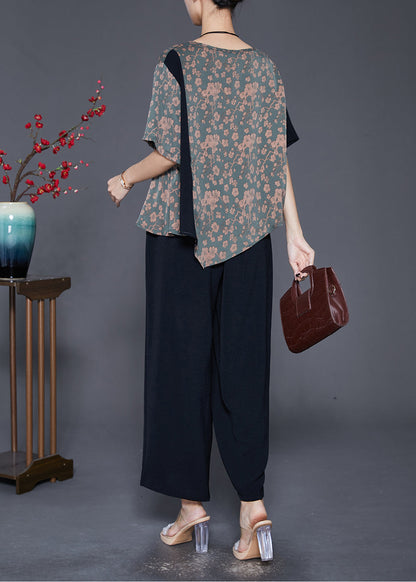 Asymmetrical Patchwork Print Silk Two-piece Set Fall