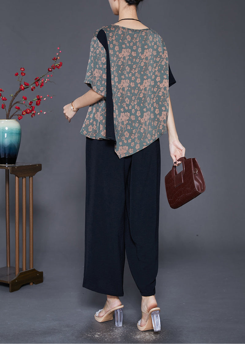 Asymmetrical Patchwork Print Silk Two-piece Set Fall