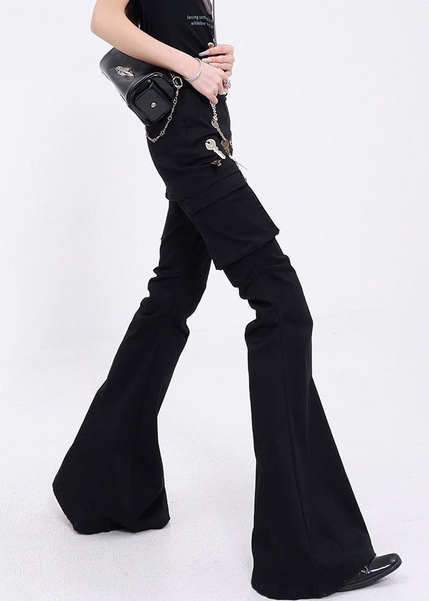 Black False Two Pieces Patchwork Denim Flared Trousers Fall