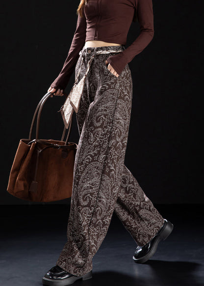 Brown Pockets Print Warm Fleece Denim Pants Winter