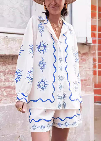 White Peter Pan Collar Print Elastic Waist Linen Two Pieces Set Spring