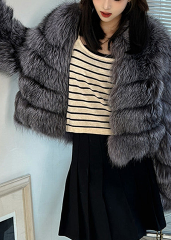 Grey Patchwork Leather and Fur Jacket Winter