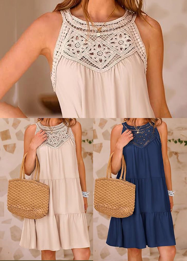 French Navy Hollow Out Cotton a Line Dress Sleeveless