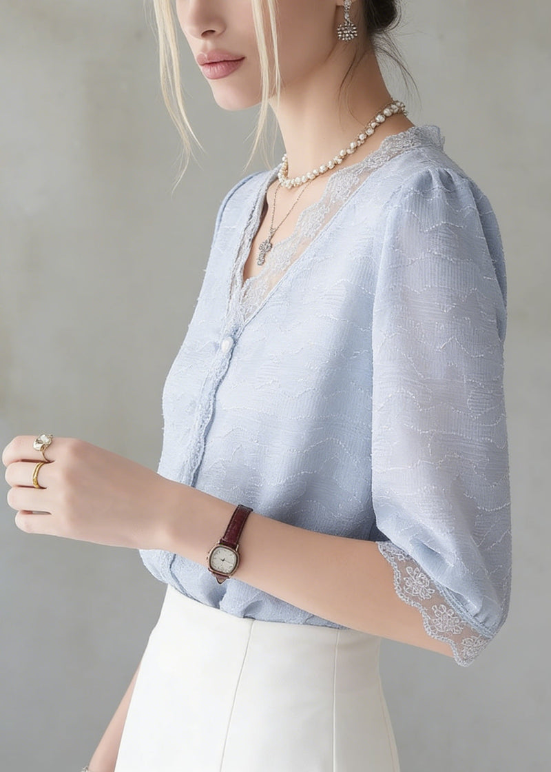 Blue V Neck Lace Patchwork Cotton Top Summer