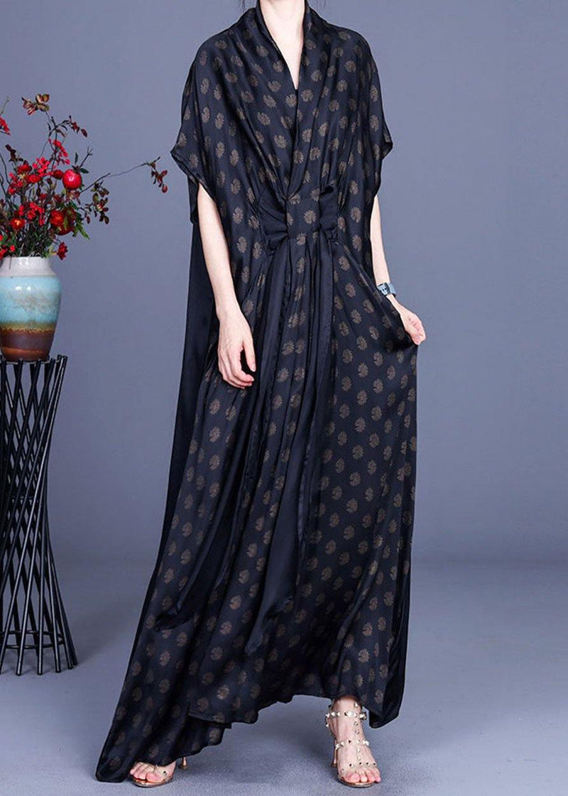 Black Print V Neck Asymmetrical Design Chiffon Vacation Dresses Summer