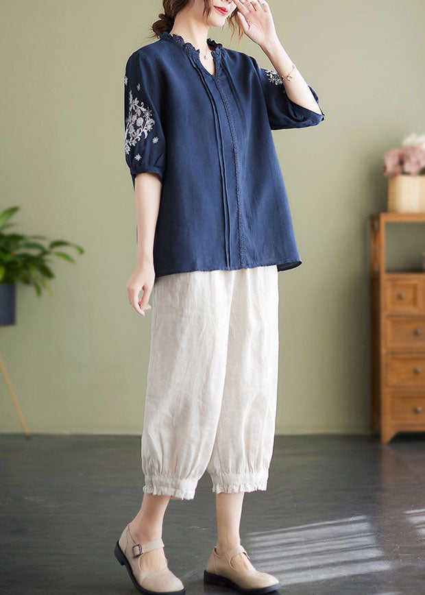 Navy Embroideried Patchwork Wrinkled Linen Shirts Summer