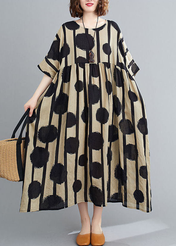 Black Print Cotton Long Dress O-neck Exra Large Hem Summer