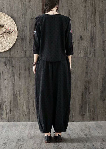 Black Jacquard Cotton Two Piece Set Clothing Embroideried Oriental Button Spring