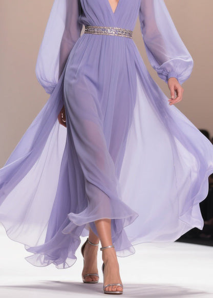 Purple V Neck Wrinkled Chiffon Exra Large Hem Dresses Spring