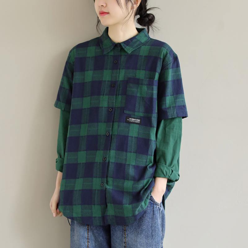 French Blue Green Plaid Tops Blouses Lapel False Two Pieces Shirts