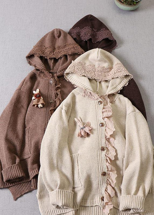 Art Beige Hooded Button Pockets Fall Knit Sweaters Coat