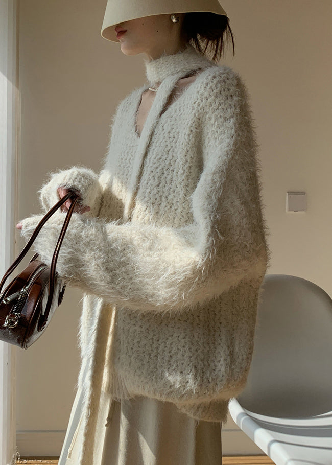 Apricot Cozy Cotton Knit Winter Sweater V Neck