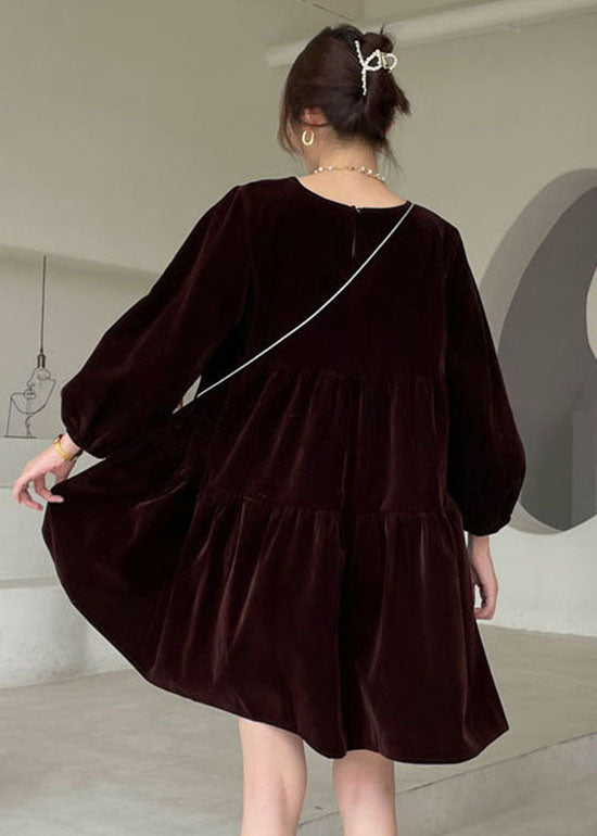 Chocolate O-neck Velour Vacation Dress Spring