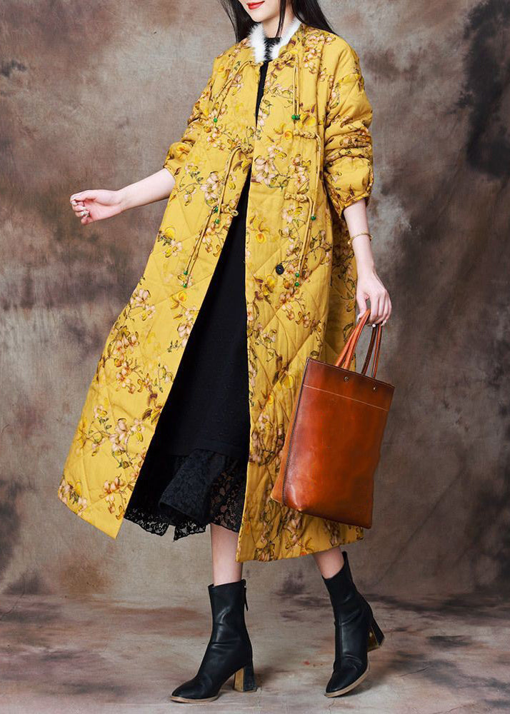 Yellow Chinese Button Print Cotton Filled Coat Long Sleeve
