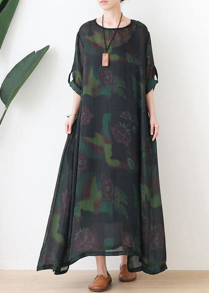 Green Print Chiffon Pockets Summer Dresses