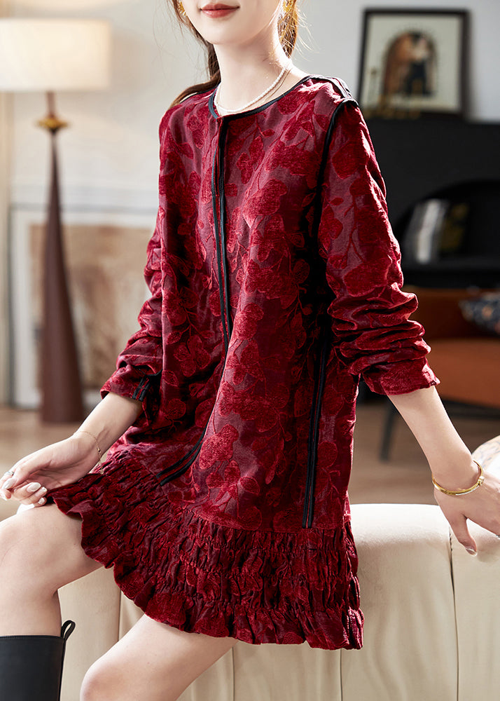 Red O Neck Ruffled Patchwork Velour Mid Dress Spring