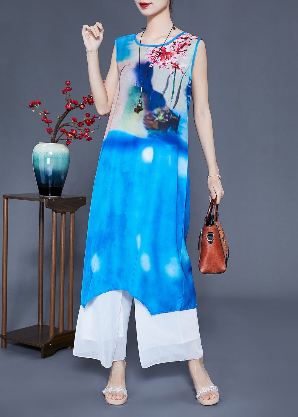 Blue Stand Collar Oversized Print Silk Two Pieces Set Summer