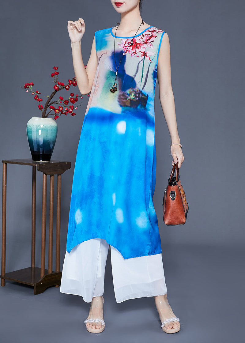 Blue Stand Collar Oversized Print Silk Two Pieces Set Summer